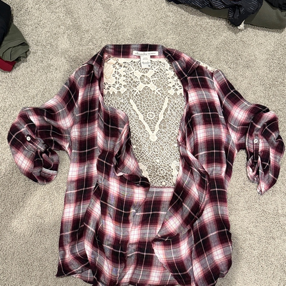 American Rag Red Plaid Shirt with Lace Detail